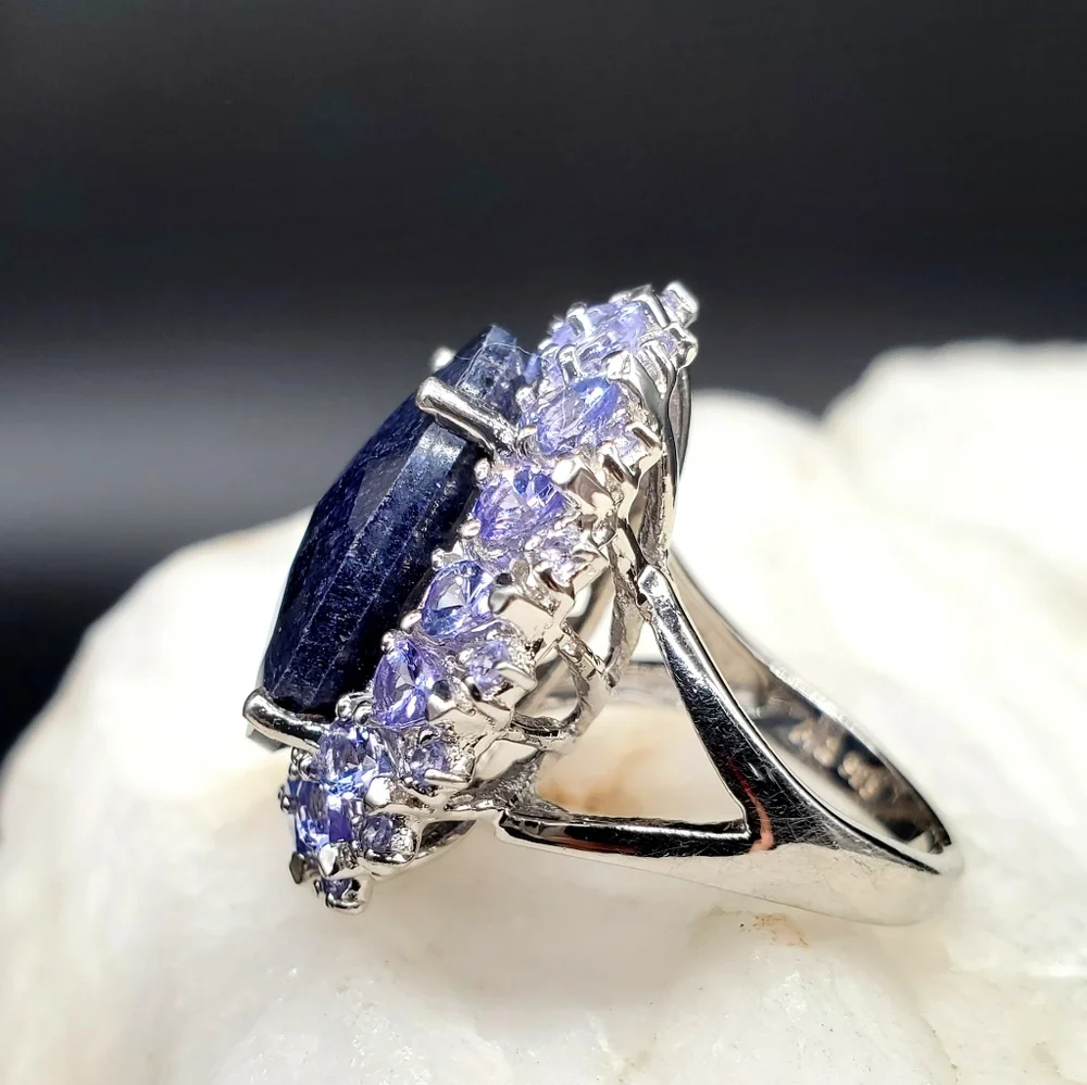 Sterling Silver 925 Designe Ring Raw Blue Sapphire Natural Tanzanite Gemstone
